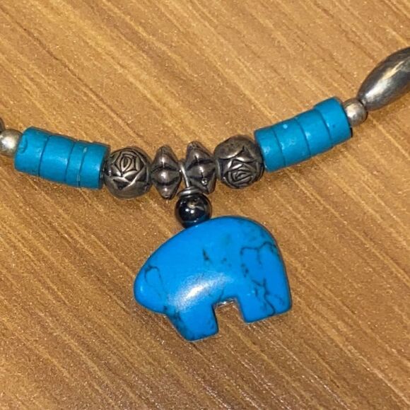 Sterling Silver Turquoise Bear Fetish Choker Necklace - Picture 7 of 8